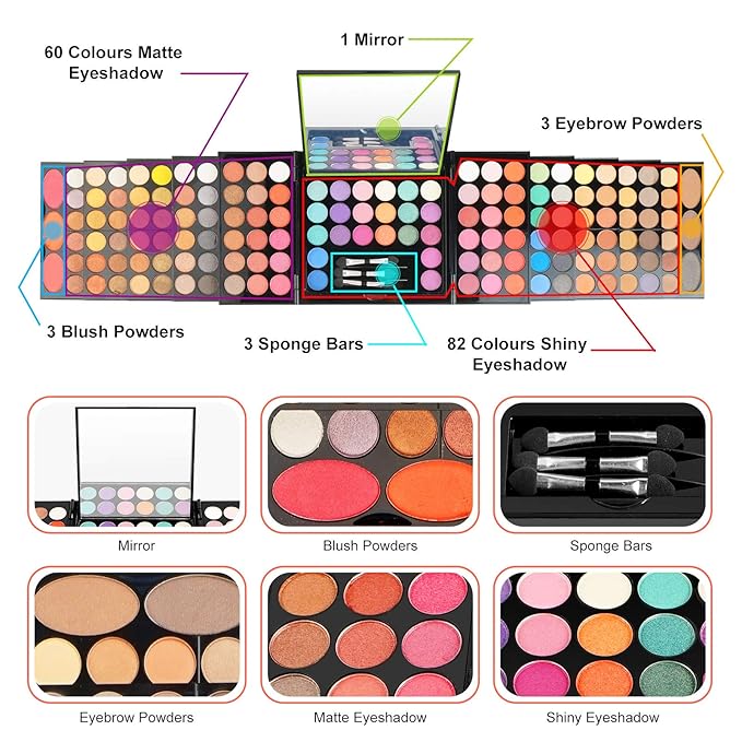 Pure Vie All-in-One Holiday Makeup Gift Set Essential Starter Full Makeup Kit for Women Include Colorful Highly Pigment Shimmer Glitter Eyeshadow Palette Concealer Blush Eyeliner Face Powder Lipgloss