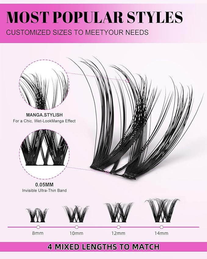 Flora Lash Clusters Kit 8-14mm D Curl Wispy Eyelash Clusters Spiky WideSpan DIY Eyelash Extension Kit Spiky Cat Eye Lashes Individual Fake Eyelashes Clusters Kit 0.05mm Ultra-Thin Black Band