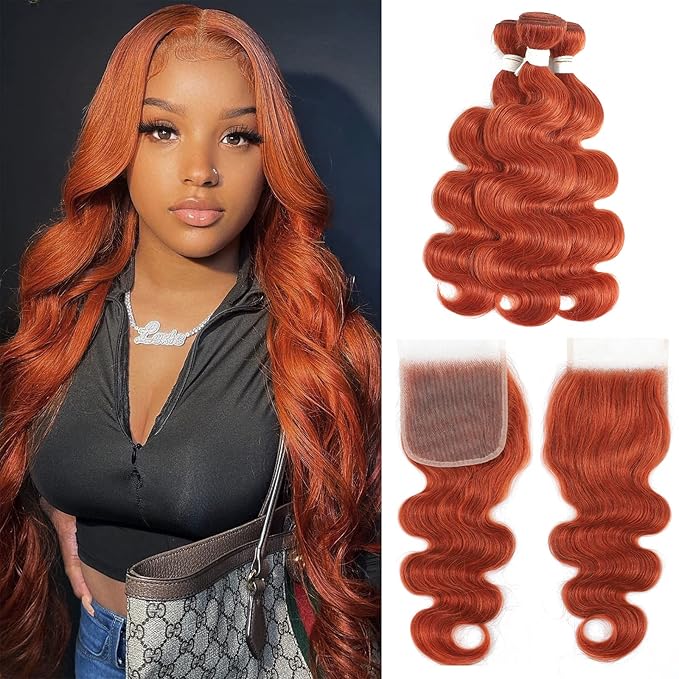 REMY HAIR Body Wave Bundles Human Hair #350 Color 3 Bundles with Closure 12 14 16 Inch with Closure 10 Brazilian Virgin Human Hair Extensions Pre Plucked Ginger Orange Hair Extensions
