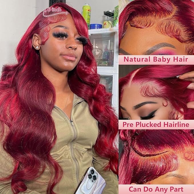 200% Density 32Inch 99j Burgundy Lace Front Wigs Human Hair 13x6 Body Wave Lace Front Wigs Human Hair Pre Plucked Glueless Red Wig Wine Red Lace Front Wigs Human Hair Wigs for Women