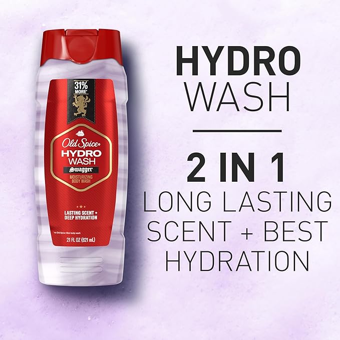 Old Spice Moisturizing Body Wash for Men, Hydro Wash, 2-in-1 Long Lasting Scent & Deep Hydration, 24/7 Shower Fresh, Swagger Scent, 21 oz (Pack of 4)