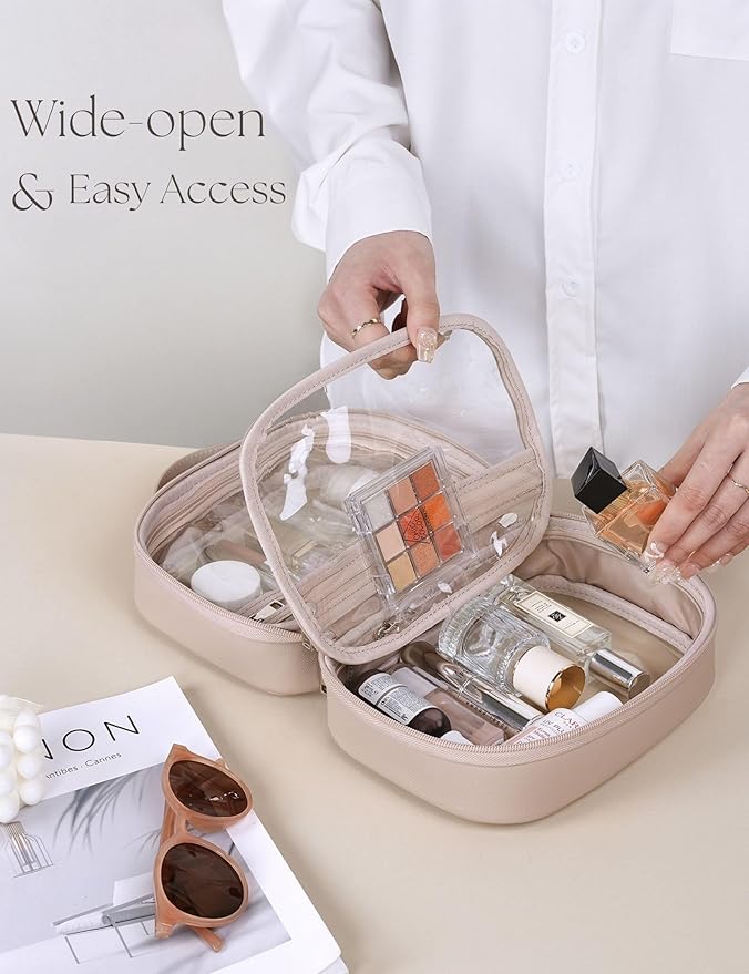 Clear Cosmetic Bag Double Layer 4 Compartments Travel Toiletry Bag Clear Makeup Bag Case with Zipper Transparent Travel Bag for Toiletries, TSA Approved, Gift for Women Girls (Stone)