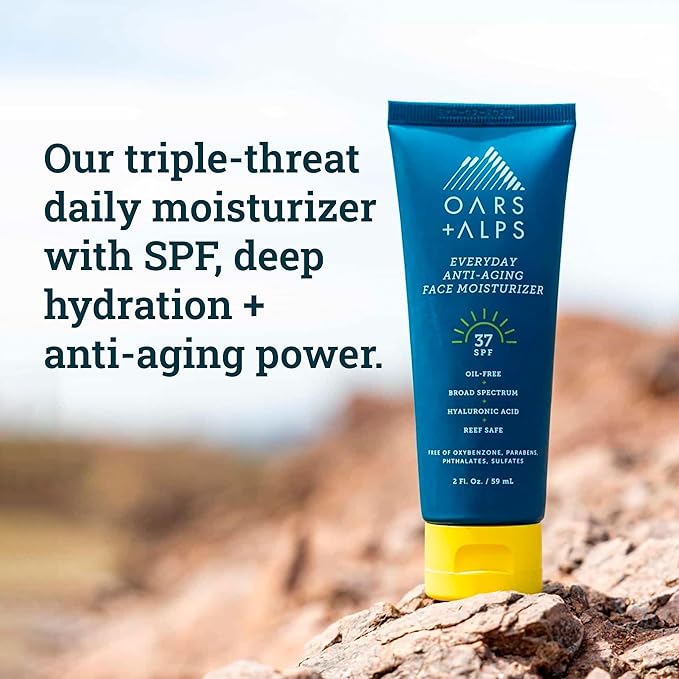 Oars + Alps Travel Sunscreen for Face & Everday Use, SPF 37 Anti Aging Face Sunscreen & Body Lotion, Infused with Hyaluronic Acid, Vitamin E and B5, No White Residue, Water & Sweat Resistant, 2oz