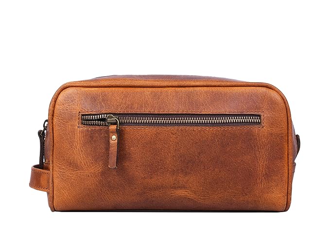 Aaron Leather Goods Leather Toiletry Bag for Men and Women Brown 10.5 Inch (Caramel)