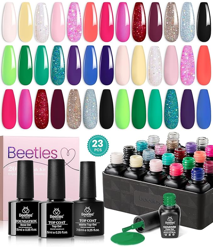 Beetles Glitter Gel Nail Polish Set, 23pcs Gel Polish Brown Pink Blue Purple Green Soak Off UV Kit with Glossy Matte Top and Base Coat