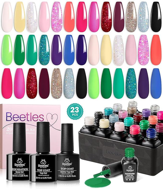 Beetles Glitter Gel Nail Polish Set, 23pcs Gel Polish Brown Pink Blue Purple Green Soak Off UV Kit with Glossy Matte Top and Base Coat