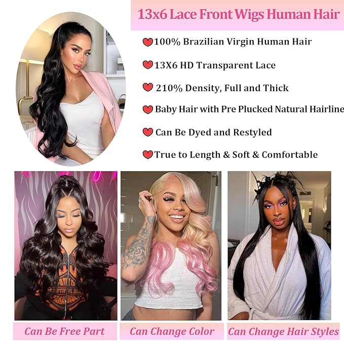 13x6 Lace Front Wigs Human Hair Body Wave - Pre Plucked, 22 Inch, Black