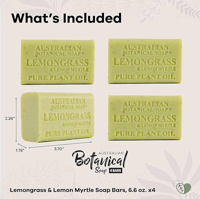 Australian Botanical Soap Lemongrass and Lemon Myrtle 6.6 oz Luxury Soap Bars Enriched with Shea Butter, Pack of 4