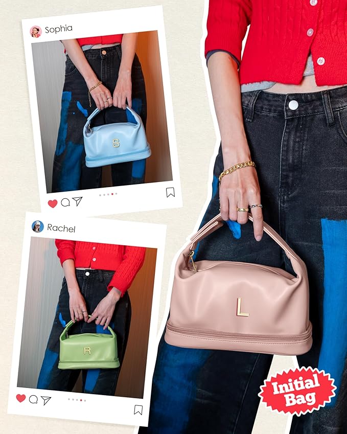 Bachelorette Gifts-Initial Makeup Bag Personalized Bags with Handle, Waterproof Double Layer Cosmetic Bag, Girl Makeup Bags Toiletry Bag with Makeup Brush Organizer-Birthday Gift for Daughter