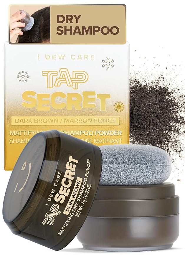 I DEW CARE Biotin Clarifying Dry Shampoo - Tap Secret Dark Brown Limited Edition | Strengthening & Volumizing, Powder Type, Refillable, Travel size, Non-aerosol, Mother's Day, 0.24 Oz