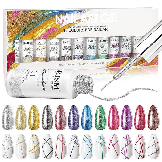 Painted Gel Nail Polish Set, Nail Art Gel Metallic Liner Painting Polish Set UV LED Gel 12 Colors Platinum Liner Gel Champagne Glitter Silver Rosa Gold Green Blue Purple Gel Paint for Nail Art Design