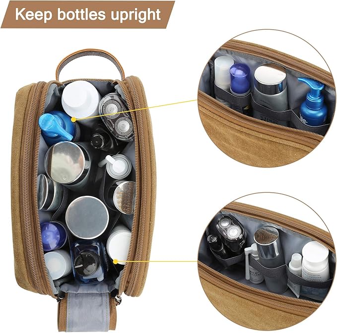 BAGSMART Toiletry Bag for Men, Canvas Travel Toiletry Organizer Dopp Kit Water-resistant Shaving Bag for Toiletries Accessories,Khaki-Medium