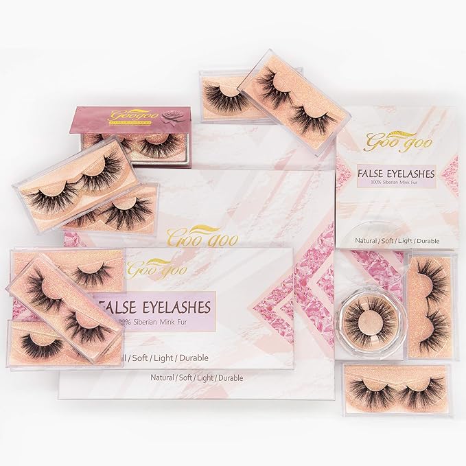 GOO GOO 3D Mink Eyelashes, Middle Long Crossed Cluster Type Fake Eyelashes 18mm-20mm 5 Styles Multipack Natural Layered Hand Made Strips Siberian Mink Fur Lashes Fluffy Full False Eyelashes