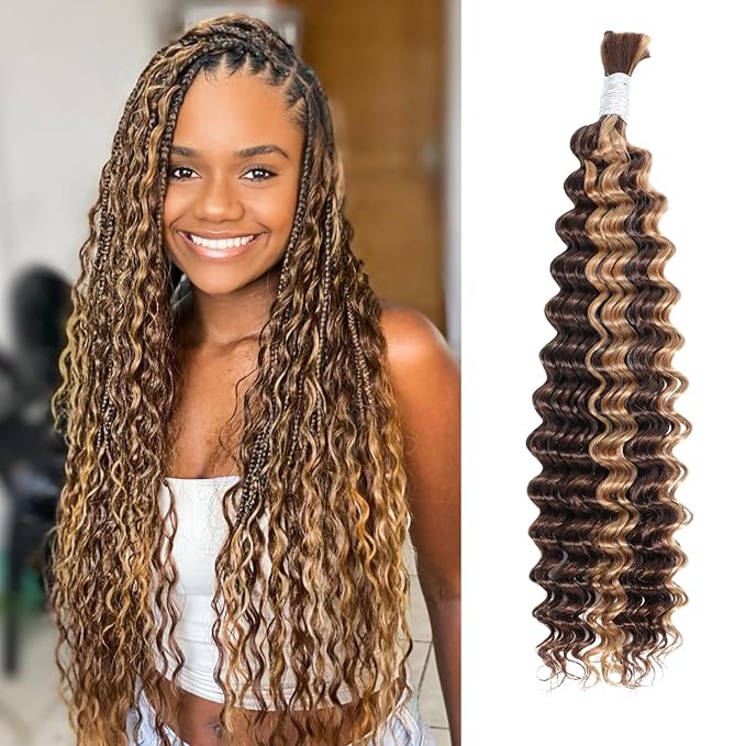 4/27 Honey Blonde Highlight Curly Human Hair Bulk, 24 Inch 100G FULL BULK Ombre Deep Wave Boho Braiding Hair, No Weft Human Hair Extensions for Boho Braids