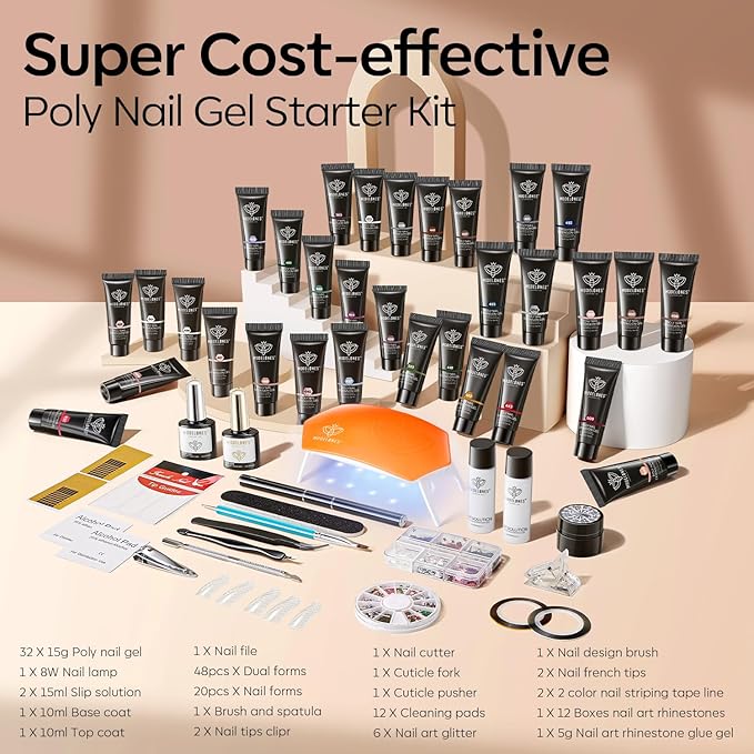 Modelones 133pcs Poly Nail Gel Kit, 32 Colors Earthy Tones Complete Extension Gel Nail Kit with 8W Lamp Slip Solution Builder Tools for Starter DIY Salon Use
