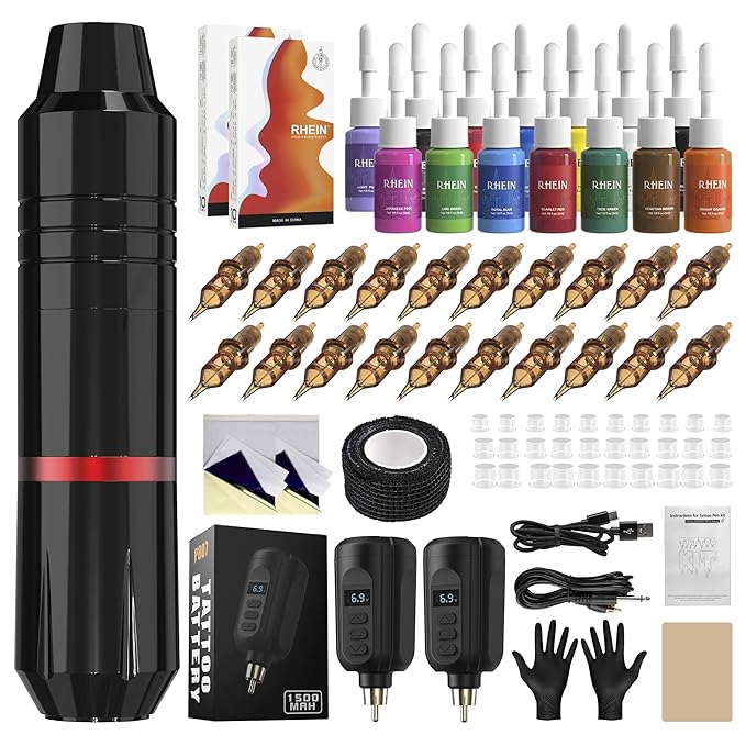 RHEIN Gun Kit Wireless Pen Machine with 2 Batteries 20 Cartridge Needles14 Ink Color Set for Supply RNP28KIT-1