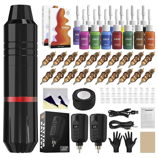 RHEIN Gun Kit Wireless Pen Machine with 2 Batteries 20 Cartridge Needles14 Ink Color Set for Supply RNP28KIT-1