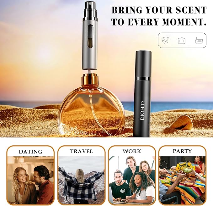 8ml Perfume Atomizer Travel Refillable,Mini Cologne Dispenser, Bottom-Filling Fragrances Perfumes Bottle,Portable Sprayer Pocket Size for Women Men Cruise Car Trip Gift 2pcs (Pink-Sliver)