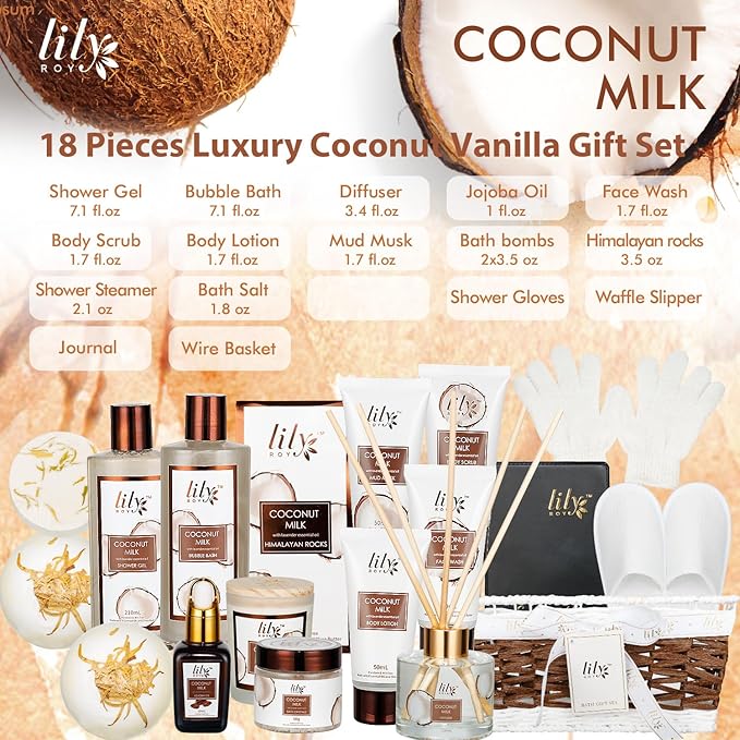 Mothers Day Gifts for Mom Coconut Vanilla Spa Gift Basket for Women 18 Pcs Luxury Bath & Body Set with Shower Gel | Relaxing Self Care Pampering Gifts for Her, Birthday, Christmas, Bridal Shower