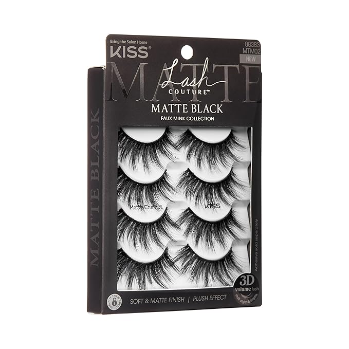 KISS Lash Couture 3D Matte False Eyelashes, Matte Cheviot', 18mm-20mm, Includes 4 Pairs Of Lashes, Contact Lens Friendly, Easy to Apply, Reusable Strip Lashes (Pack of 2)