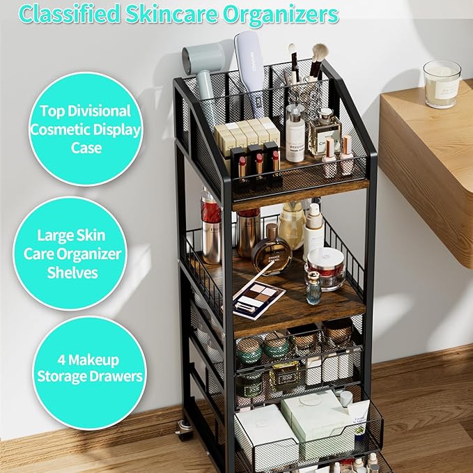 HapiRm Makeup Organizer Storage Cart - Floor Skincare Make Up Storage with 4 Drawers, Rolling Makeup Cart Vanity Organizer Cosmetics Display Cases Holder for Skin Care Perfume Nail Polish