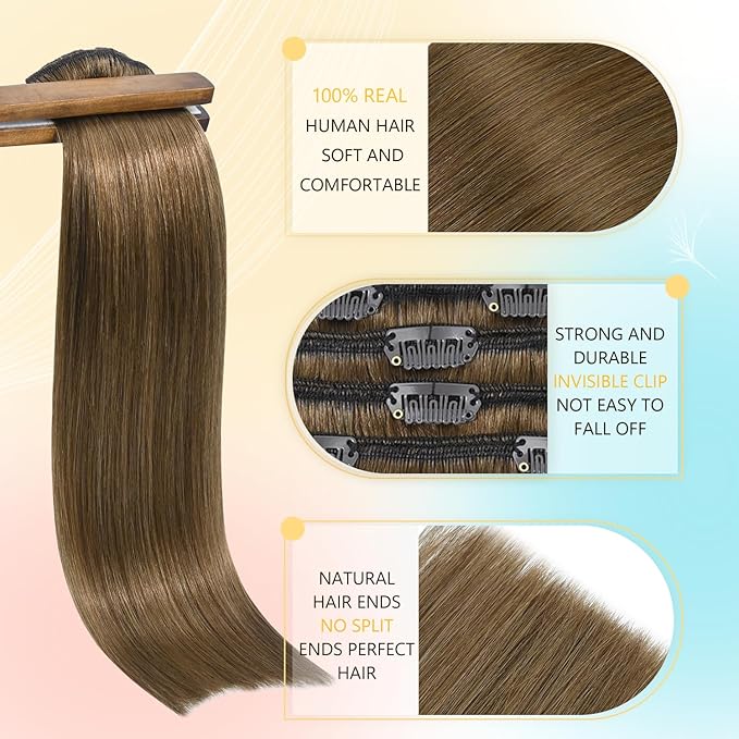 Brown Clip in Hair Extensions 18 Inch 75g Real Human Hair Natural Silky Straight Remy Human Hair for Women #6 Light Brown Hair Extensions Clip ins