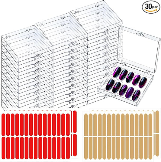 30 Sets Press on Nail Box Nail Display Case Artificial Nail Display Storage Box with 60 Pcs Adhesive Double Sided Tape Acrylic Nail Box Press On Nail Packaging for Nail Salon (Clear, 2.76 x 2.76 inch)