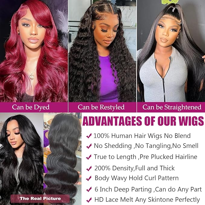 13x6 Lace Front Wigs Human Hair Pre Plucked Body Wave HD Lace Frontal Glueless Wigs 200 Density Brazilian Virgin Human Hair Wigs for Women 32 Inch
