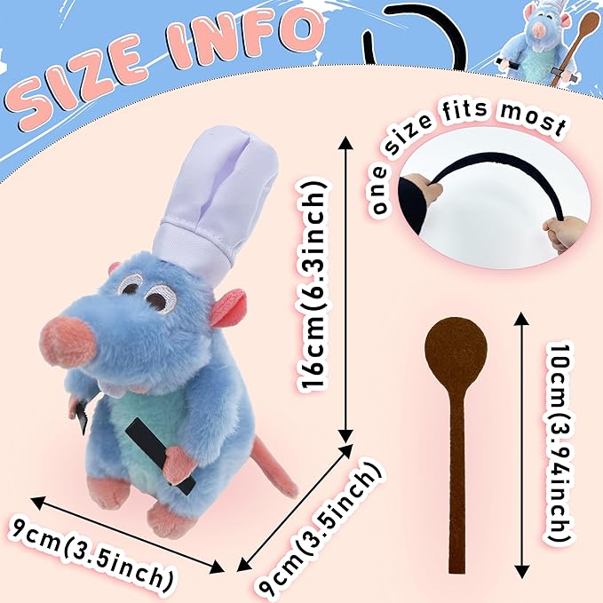 Rat Headband Spoon Hair Clip Set Shoulder Plush Costume Accessories Stuffed Animal Toy Gifts for Kids Adults