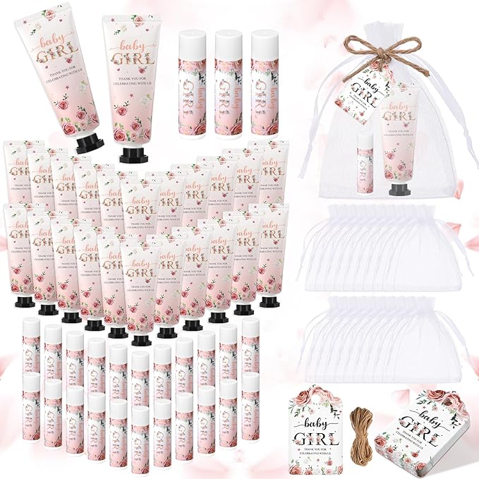 192 Pcs Baby Shower Gifts for Guests Prizes Include 48 Hand Cream and 48 Lip Balm Bulk Bridal Wedding Party Gifts Favor Travel Hand Lotion with Organza Bags Tags for Guests(Baby Girl)