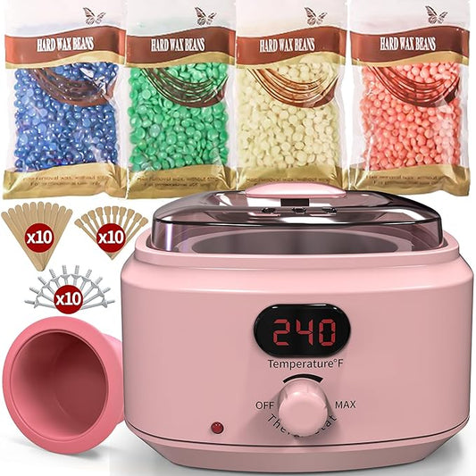 Waxing Kit for Women Men, Digital Wax Kit with Silicone Bowl & 4 Bags Hard Wax Beads, Portable Wax Warmer for Sensitive Skin Full Body Hair Removal, Brazilian Bikini, Eyebrow, Face (Pink)