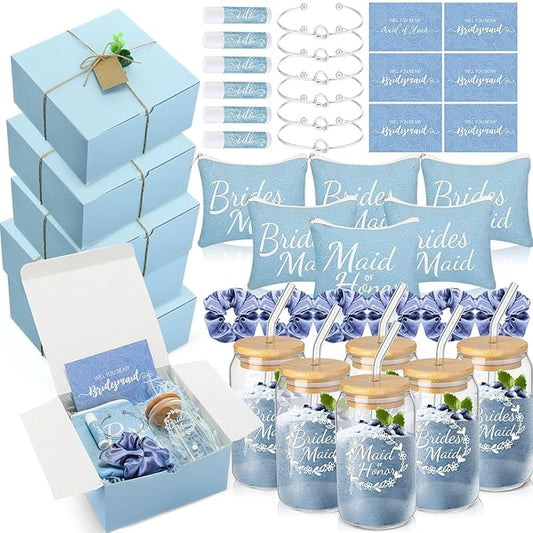 54 Pcs Bridesmaid Proposal Gifts Bridesmaid Box Set Include Bridal Shower Gift Box Makeup Bag Invited Card Glass Cup Lip Balm Scrunchie Hair Knotted Bracelet for Maid of Honor(Blue)