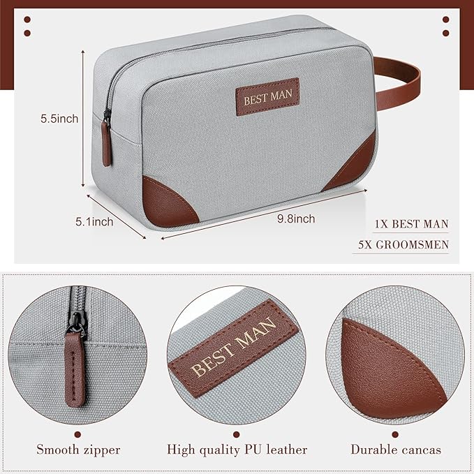 Eccliy 6 Set Groomsmen Gifts Men Toiletry Bags Men's Travel Shaving Kit Bathroom Bags Water Resistant Toiletry Case for Wedding Groomsman Proposal Gift Travel Accessories(Light Gray, Brown)