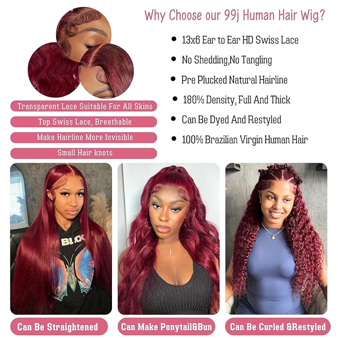 99j Burgundy Lace Front Wigs Human Hair Wine Red Colored body wave 13x6 HD Lace Frontal Wigs Human Hair Pre Plucked with Baby Hair 180 Density Glueless Wigs Human Hair Wigs for Black Women 32 Inch