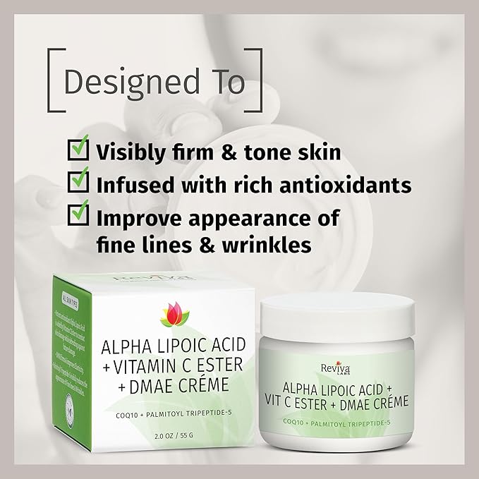 Reviva Labs DMAE Cream with Alpha Lipoic Acid, Vitamin C Ester - DMAE Lift and Firm Cream for Neck and Face - Skin Firming and Moisturizing Cream