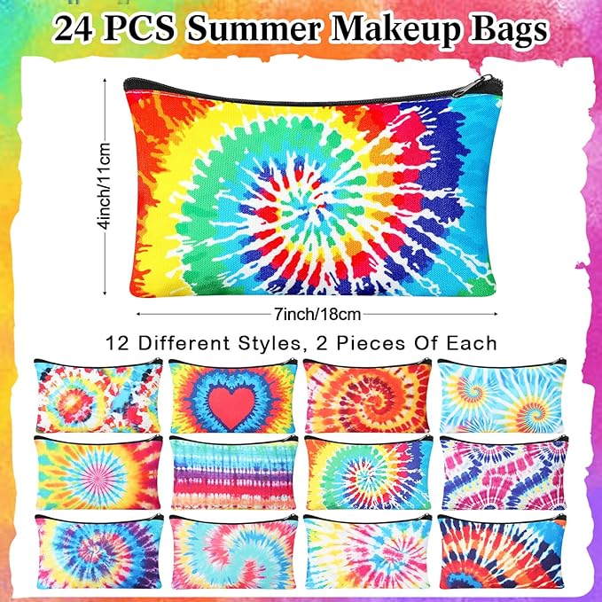 24 Pieces Makeup Bags Bulk Canvas Cosmetic Bags Purse Organizer Zipper Cosmetic Pouch Portable Travel Toiletry Pouch for Women Men Gifts, 7 x 4 Inch (Tie-dye)