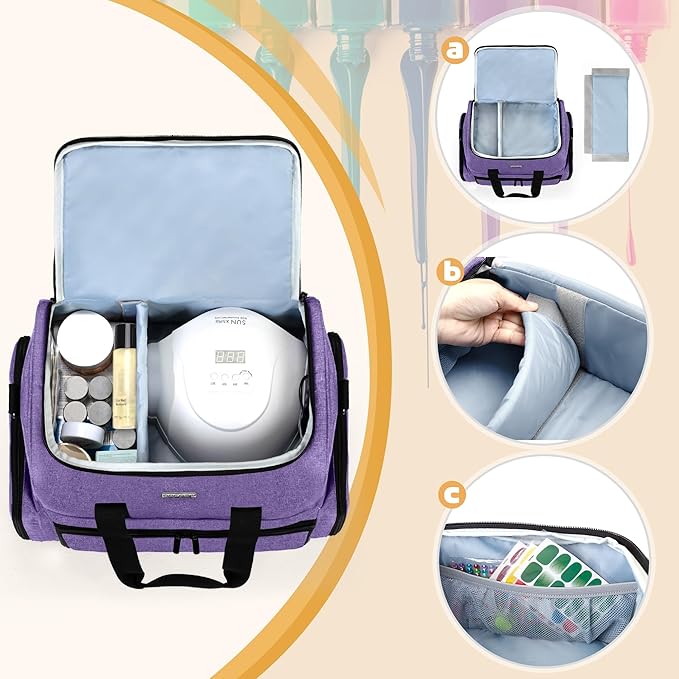 BAFASO Nail Polish Organizer Holds 80 Bottles (15ml - 0.5 fl.oz) and a UV Nail Lamp, Nail Polish Case with 2 Removable Pouches and Manicure Tools Storage Sections (Patented), Purple