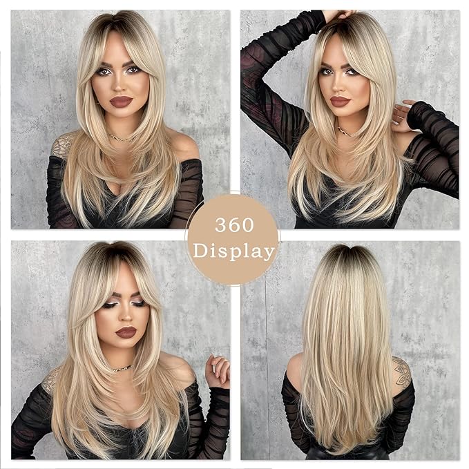 7JHH WIGS Long Blonde Wig with Bangs for Women,Heat Resistant Fiber 25 Inch Layered Synthetic Hair Wigs with Dark Roots for Daily Use