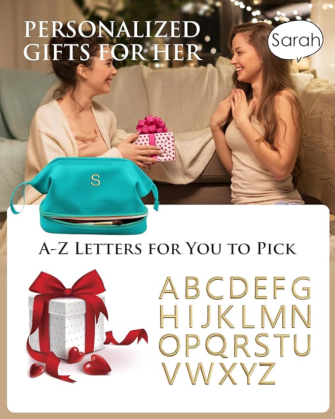 Sister Birthday Gift for Her, Makeup Bags, Waterproof Double Layer Cosmetic Bag, Large Capacity PU Leather Makeup Bags Letter Travel Toiletry Bag, Initial Gifts for Coworkers