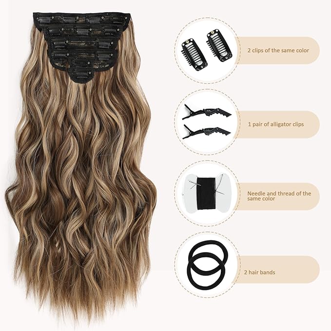Clip in Hair Extensions for Women - 20 Inch Long Wavy Brown Extensions, 6PCS Hairpieces that Blend Naturally with Your Real Hair (20 Inch, Chocolate Brown&Honey Blonde)