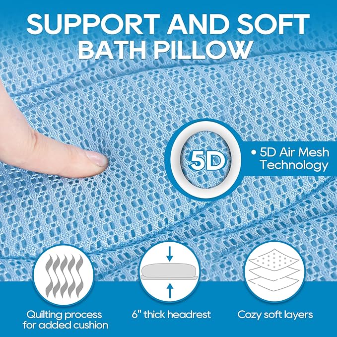 OMYSTYLE Full Body Bath Pillow, Bath Pillows for tub with Mesh Washing Bag & 21 Non-Slip Suction Cups, Spa Bathtub for Head Neck Shoulder and Back Support - 5D Air Mesh & Quick Drying | Blue