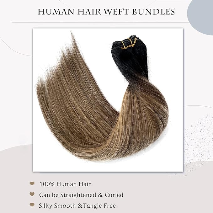 Sew In Real Humana Hair Extensions, Ombre Brown & Blonde Balayage Wefts - 22 Inch, 120G Hand-Tied Human Hair Bundles