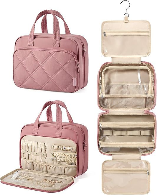 BAGSMART HangingToiletry Bag for Women, Puffy Travel Toiletry Bag with Jewelry Organizer, Waterproof Cosmetic Makeup Bag Compartment, Toiletries Kit Set for Traveling, Accessories, Essentials (Large)