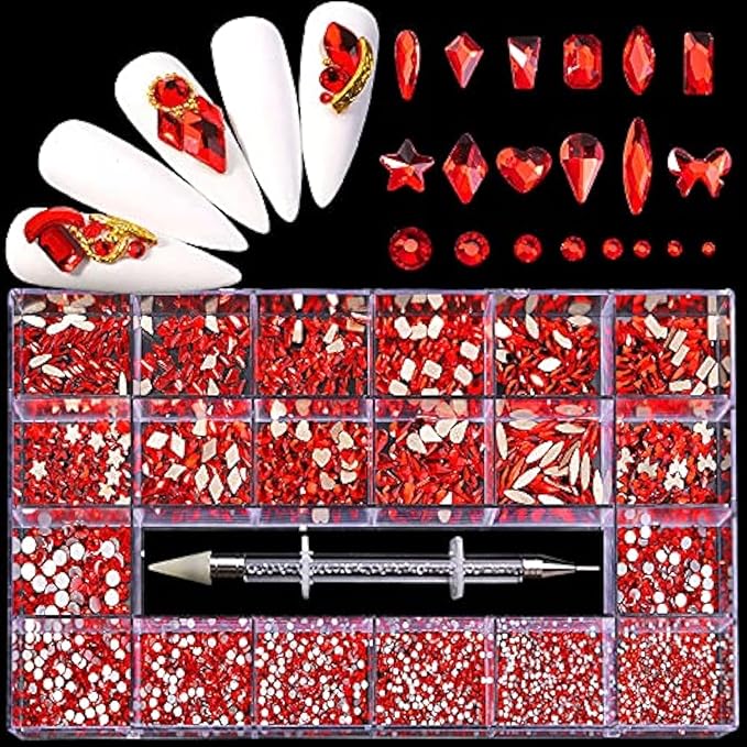 Nail Art Red Crystals Rhinestones Set - 3100pcs Red Nail Gems Diamonds Flatback Jewels for Nails Design, 12 Types of 600 Special-Shaped Diamonds + 2500 Flat-Bottomed Rhinestones Kit
