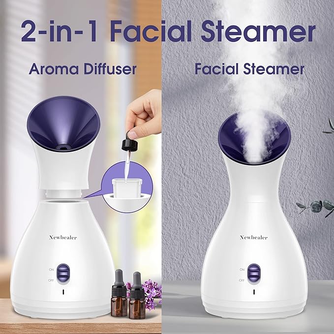 Newbealer 2in1 Facial Steamer, Hot Mist Facial Aromatherapy Humidifier Atomizer, Large Face Steamer Unclogs Pores Sinuses Moisturizing, Home Sauna Spa with Eyebrow Set (Purple, 170 ml)