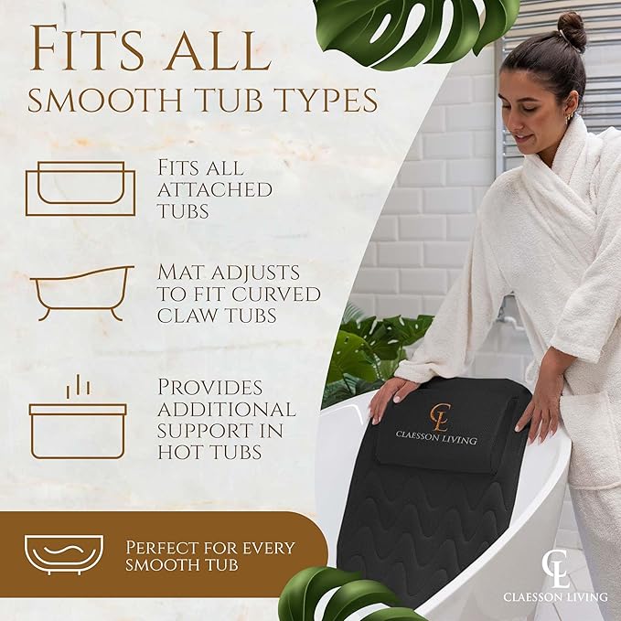 Full Body Bath Pillow (17'' x 49'') - Bathtub Cushion with Headrest Supports Neck, Back and Legs - Free Hanging Hooks for Fast Drying Over Tub - Includes Washing and Travel Bags - Black