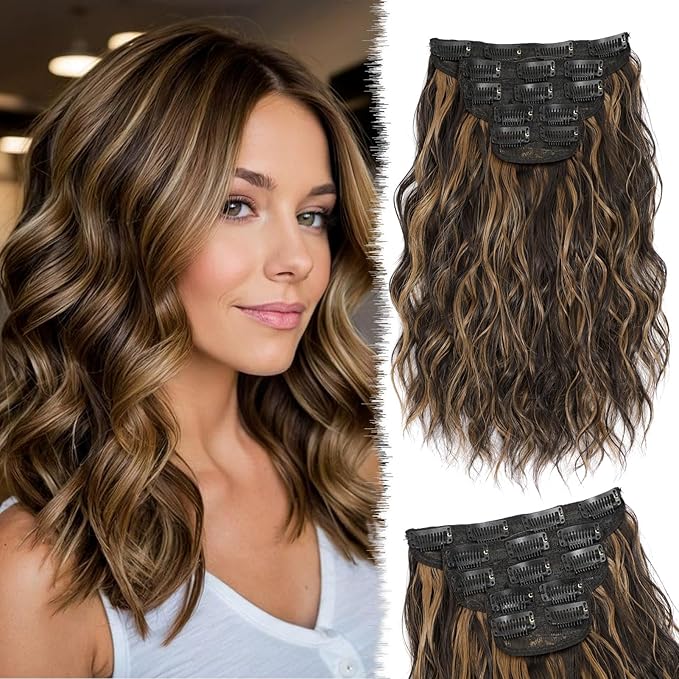10 Inch Short Clip in Hair Extensions 5Pcs Dark Brown Mix Caramel Blonde Curly Synthetic Hair Pieces Soft Thick Clip in Bob Hair Extensions for Women