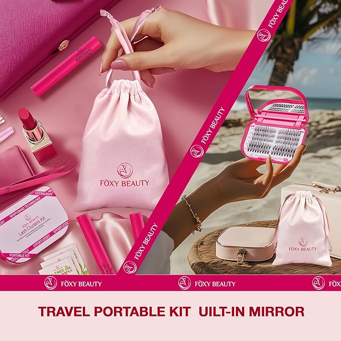 Lash Clusters Kit with Bond and Seal Lash Clusters Left &Right Lash Extension Kit with Eyelid Wipes Remover Eyelash Brush Eyelash Extension Kit Gift Set with Drawstring Bag Portable Lash Starter