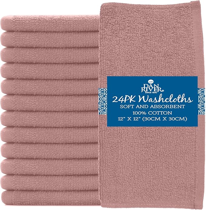 DAN RIVER 100% Cotton Washcloths 24 Pack Premium Quality Face and Body Cloth, Quick Dry Essential Towels for Bathroom, Hand, Kitchen & Cleaning, Baby Washcloths | 12X12 in | 400 GSM | Dusty Rose