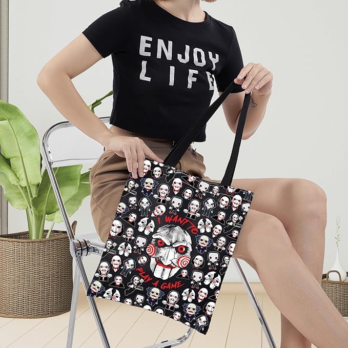 LEVLO Sadistic Thriller Tote Bag Horror Movie Fans Gift I Want To Play A GamePuzzle Horror Shoulder Bag Horror Movie Merch